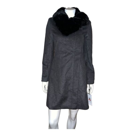 DKNY Asymmetrical Faux-Fur-Collar Coat Wool Blend Gray Extra Small NWT - Picture 2 of 10